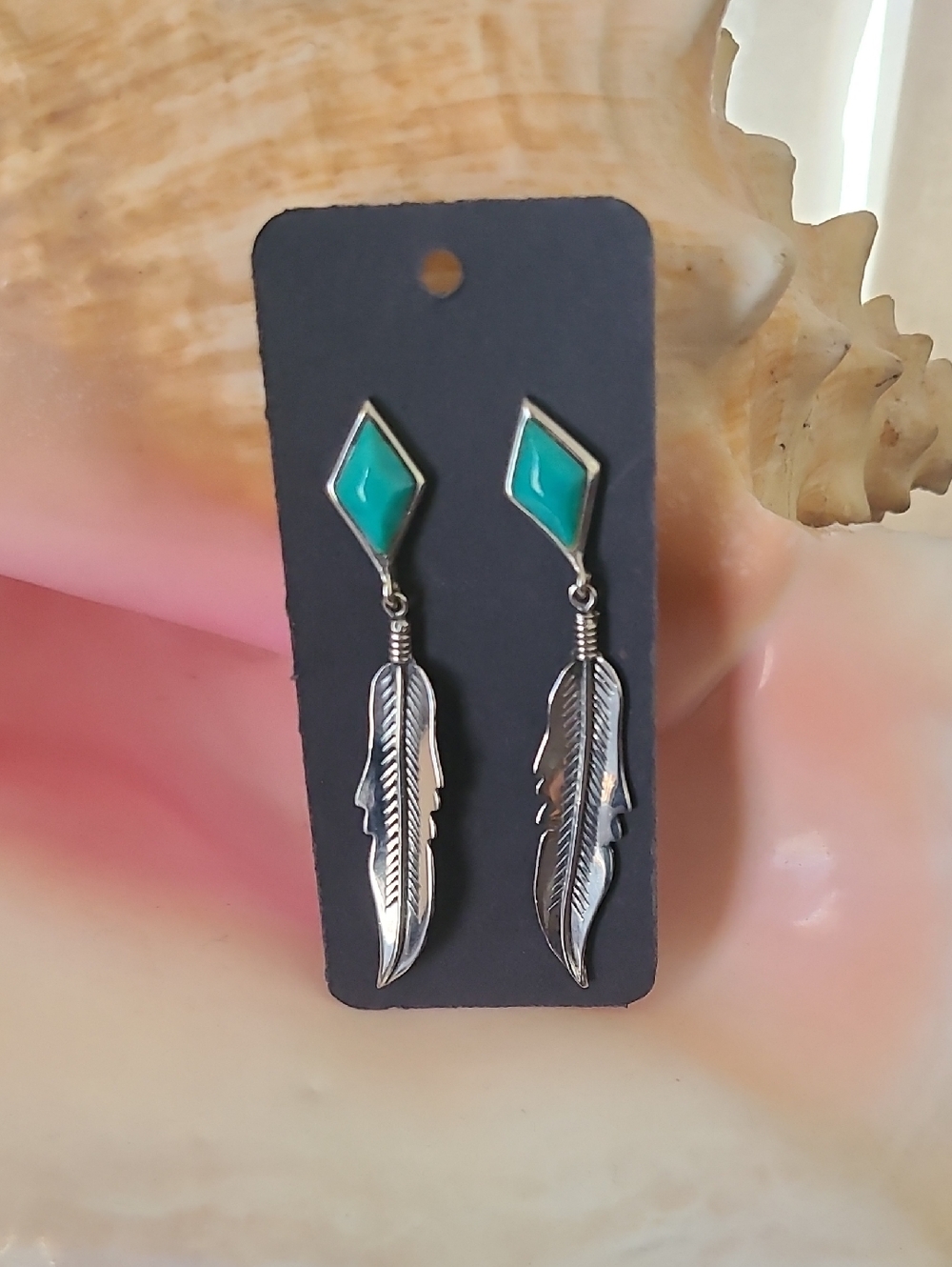 Vintage 80's-90's Lowell Draper 926 Sterling Silver Feather & Turquoise Earrings